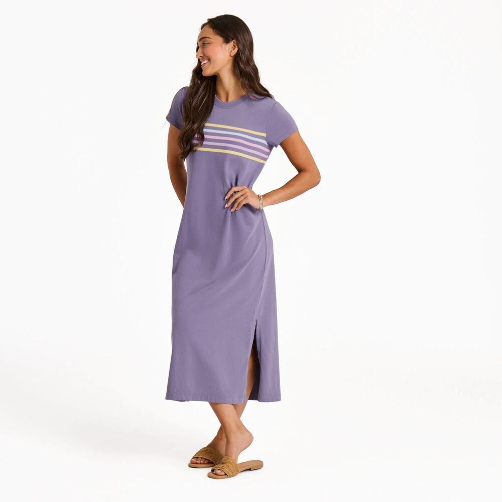 NEW Life is Good Crusher Weekend Dress Purple Striped Slit Midi Short Sleeve XL
